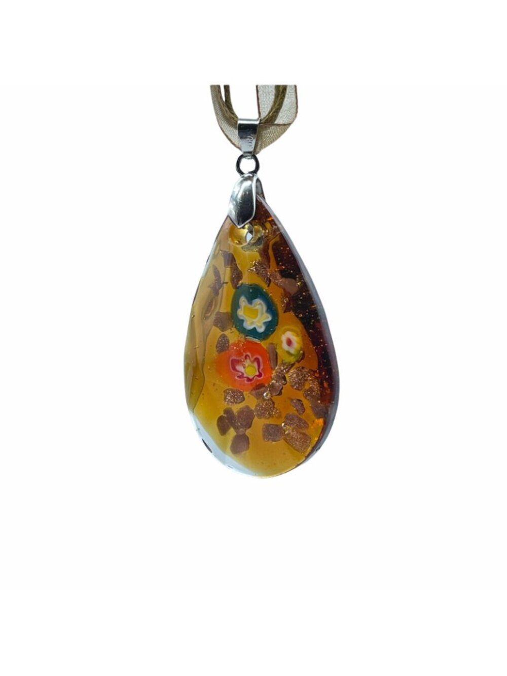 Art Glass Millefiori Pendant Amber and Copper with Orange Blue Green Flowers - Picture 4 of 9